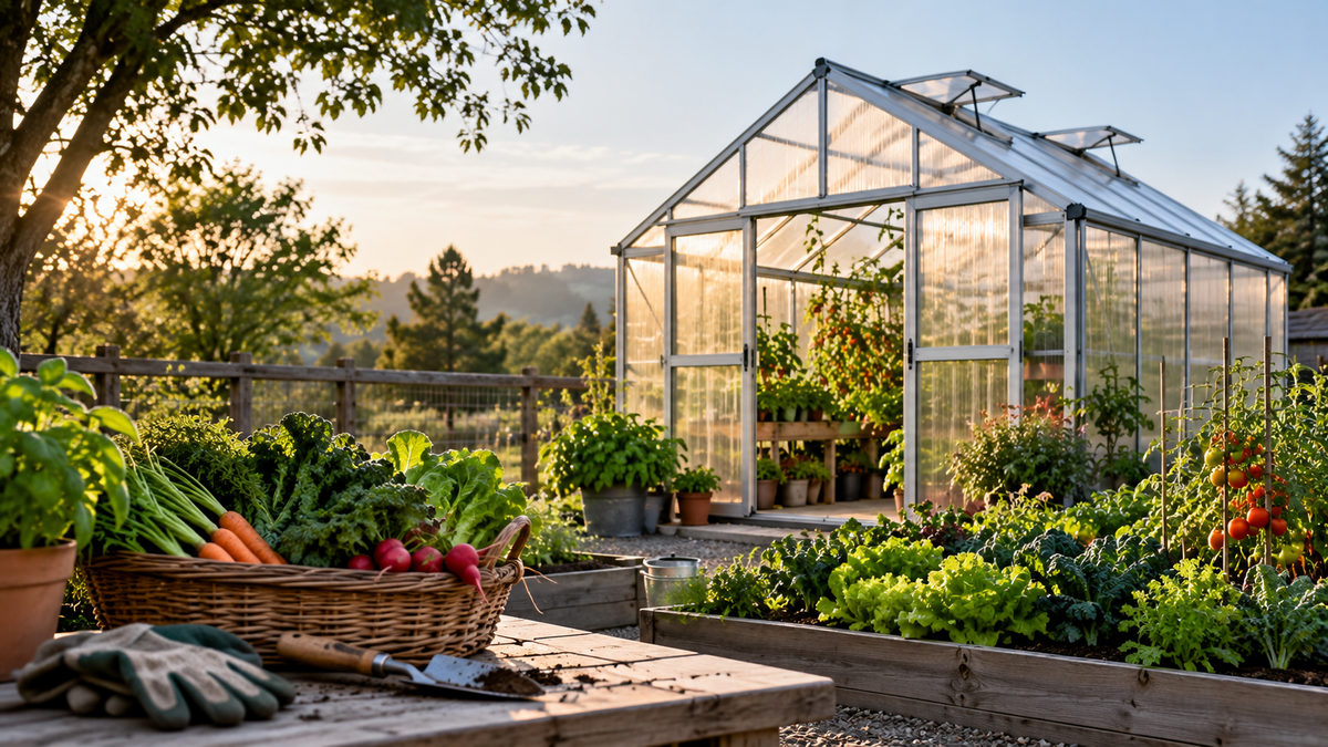 Backyard greenhouse for year-round vegetable growing.