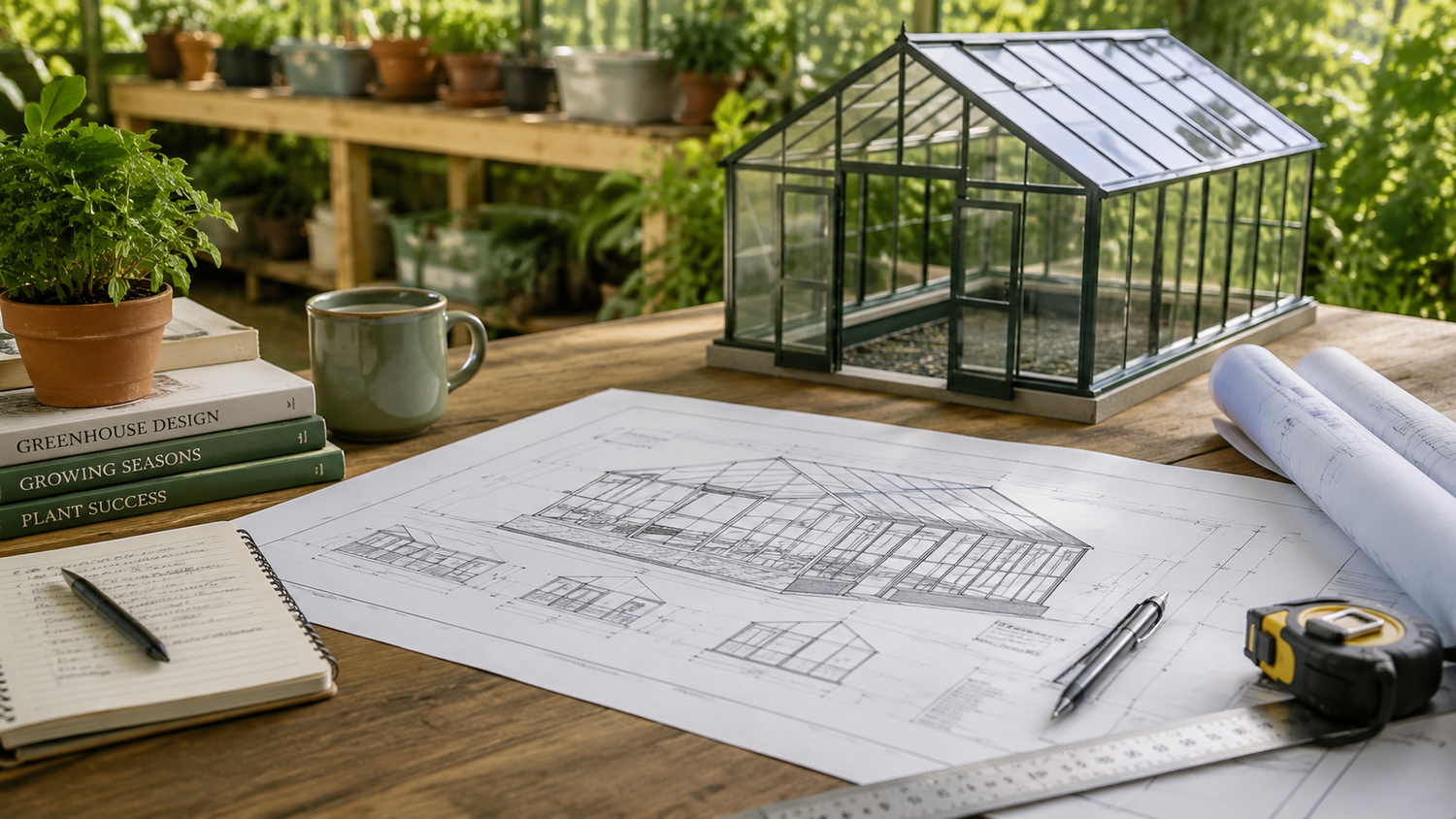 Greenhouse plans and blueprint on a garden worktable before building a greenhouse.