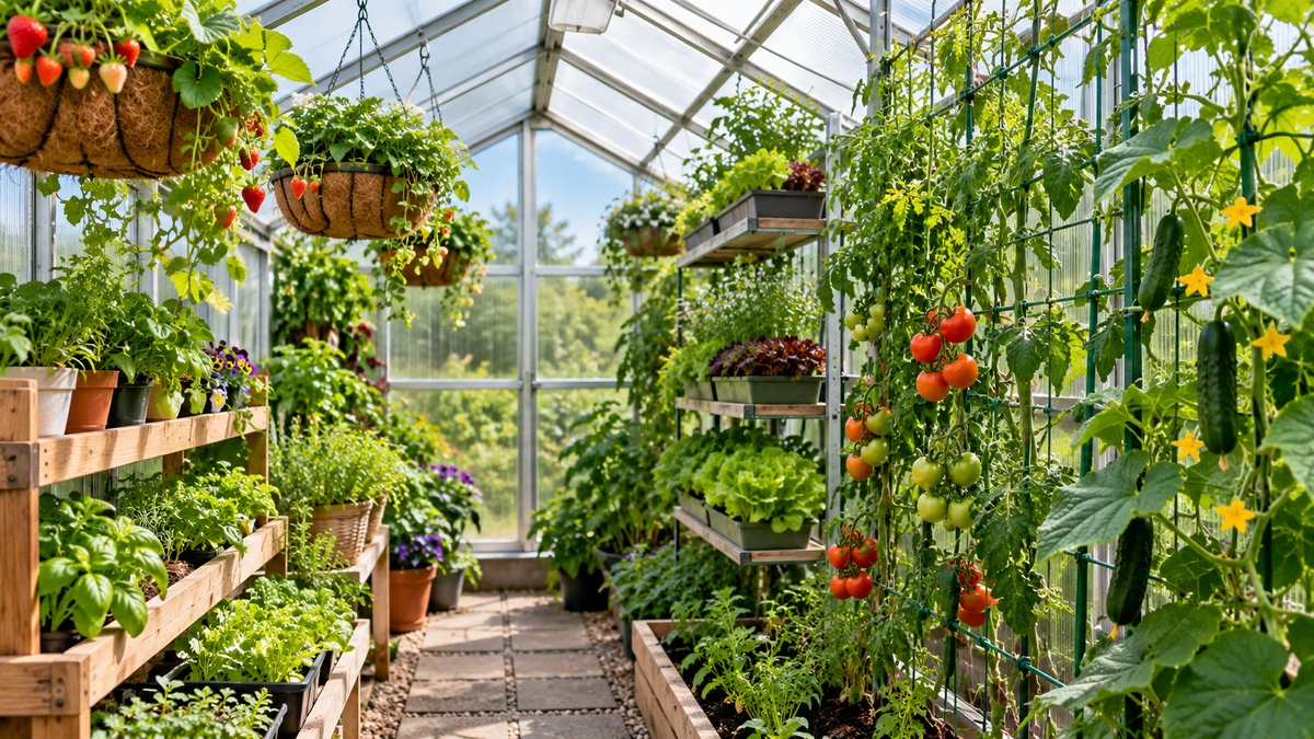 Vertical gardening ideas for a small greenhouse.