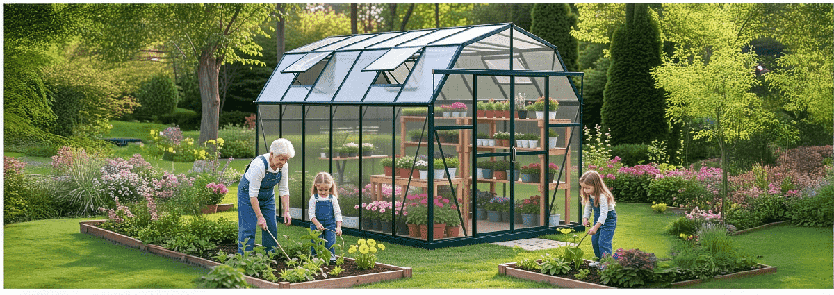 Grandio Elite greenhouse kit in a backyard setting