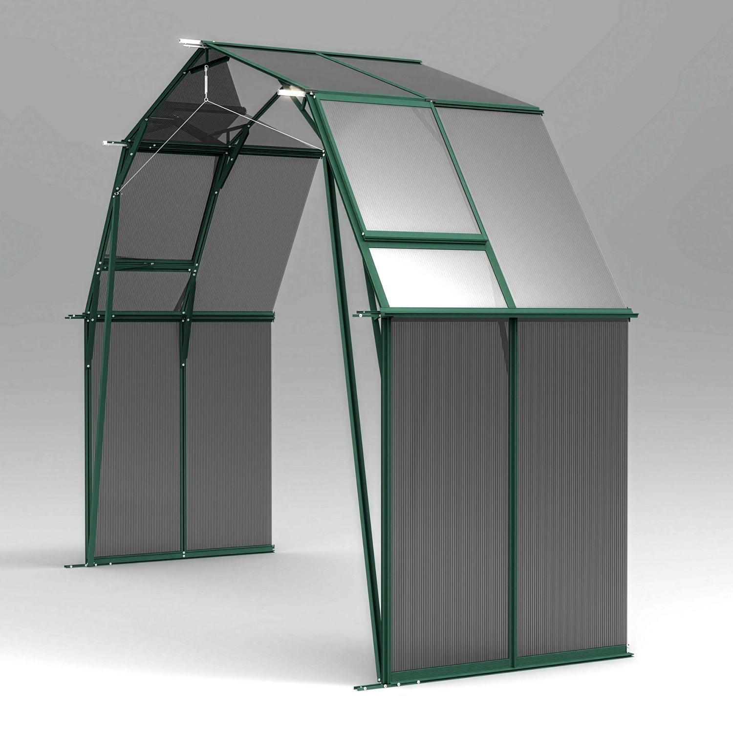 Green metal greenhouse with transparent panels on a gray background