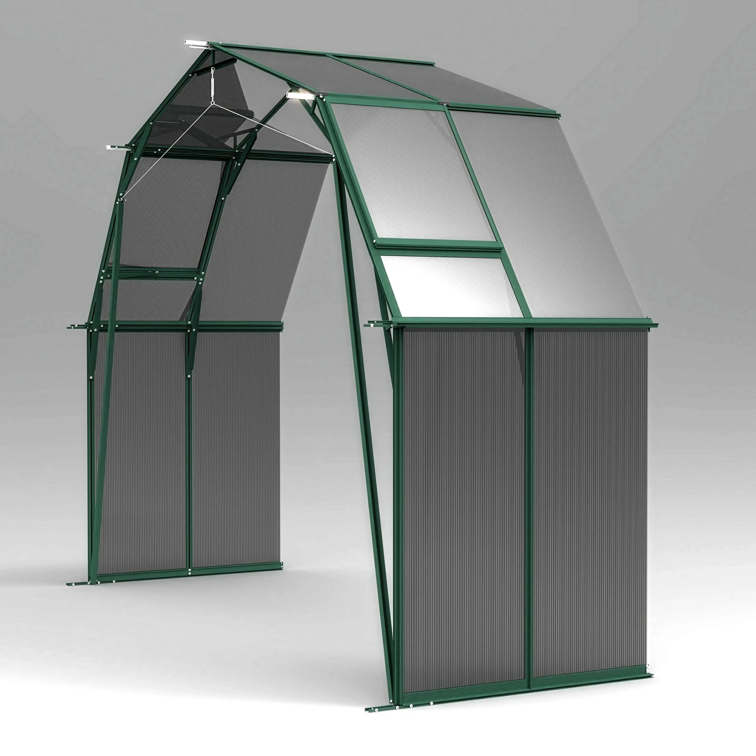 Green metal greenhouse with transparent panels on a gray background