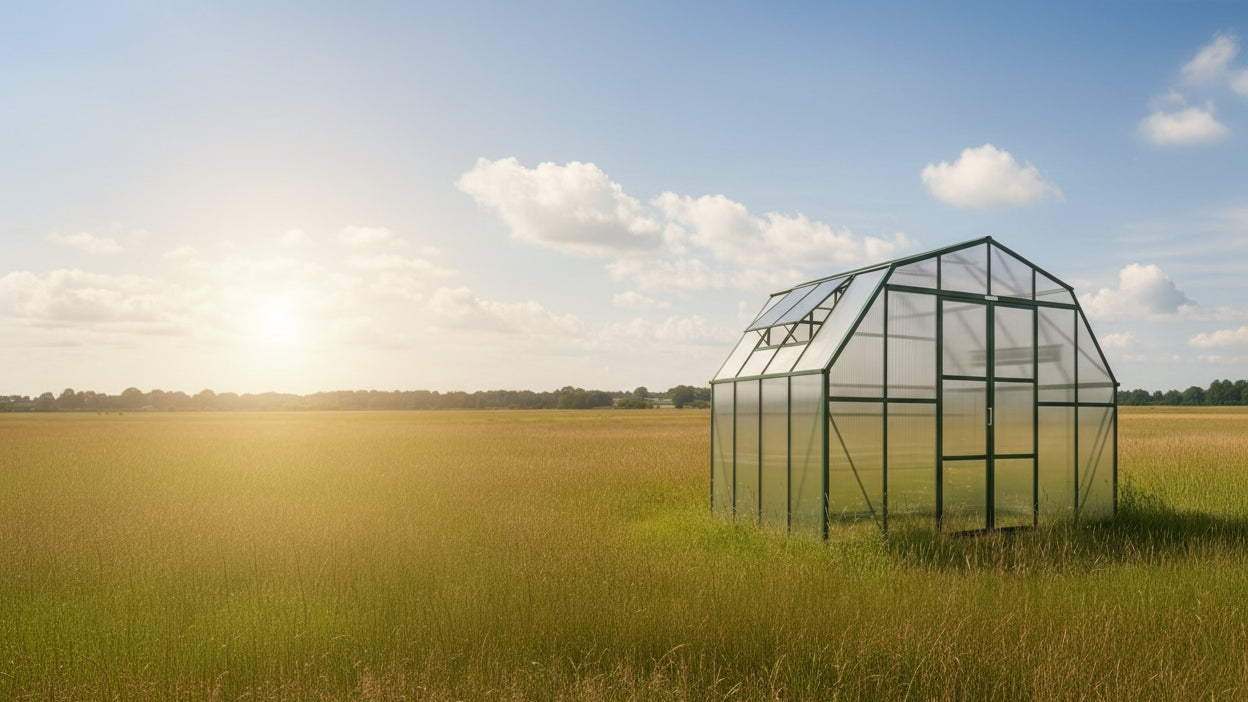 Grandio Summit 12x8 greenhouse installed in a backyard garden
