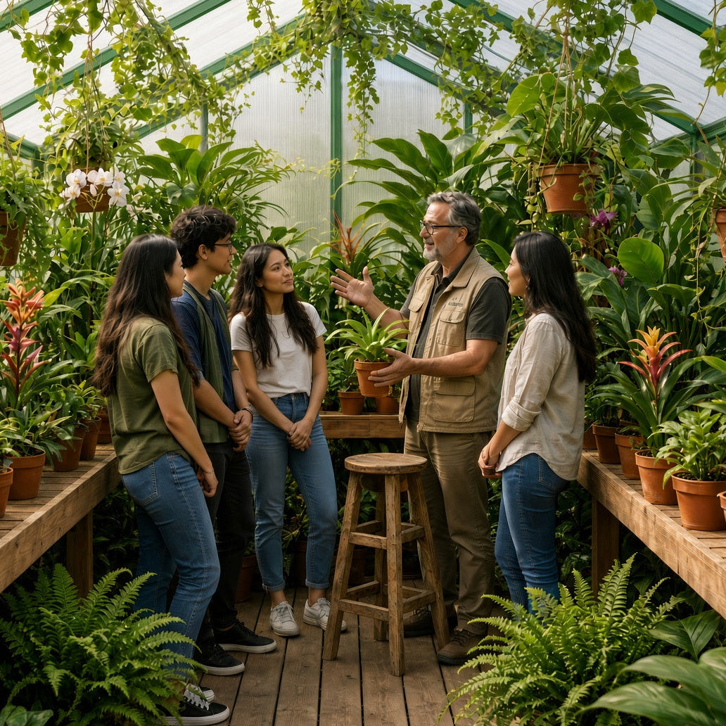 A group of four students standing inside a greenhouse surrounded by lush potted plants and hanging vines, with one professor gesturing toward the plants while talking to the others.