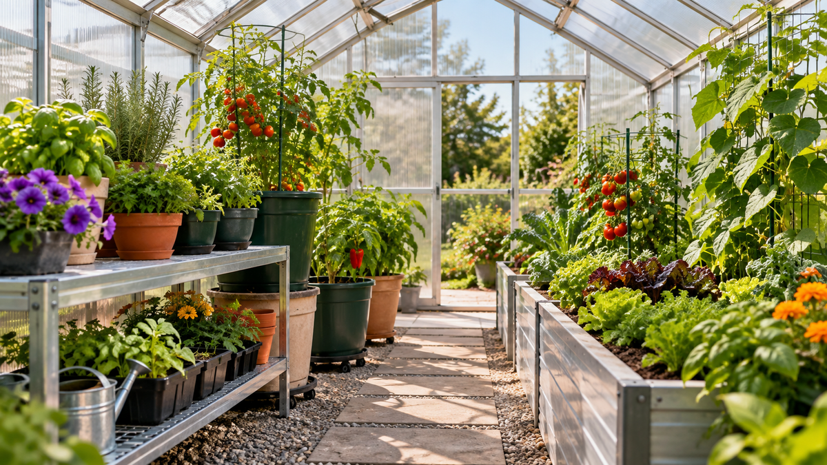 Container and raised bed gardening inside a greenhouse. 