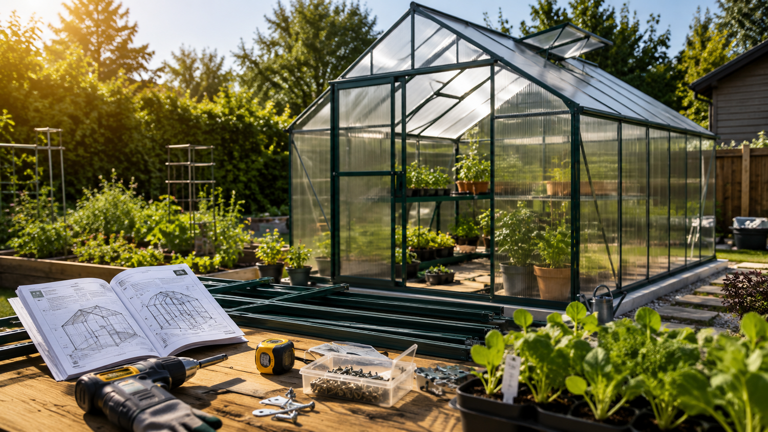 DIY Greenhouse Being Assembled In A Backyard