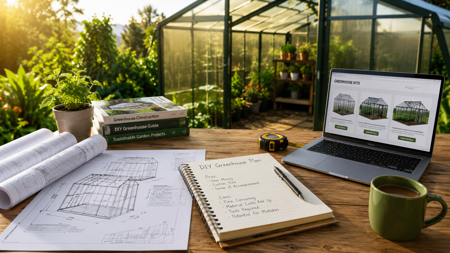 DIY greenhouse plans and greenhouse kit planning on a garden workbench.