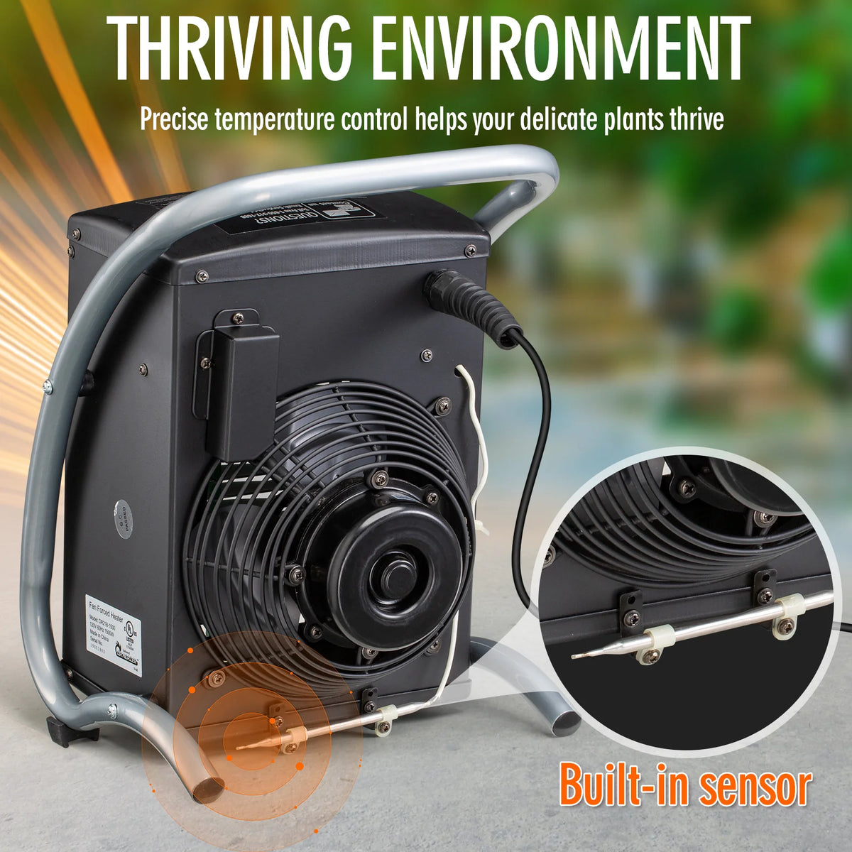 Heating unit with fan and built-in sensor for precise temperature control, used for plants.