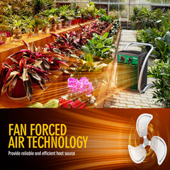 A fan forced air heater shown in a greenhouse setting next to potted plants, with a dark brown promotional banner at the bottom featuring the text 'FAN FORCED AIR TECHNOLOGY' and a white fan graphic.
